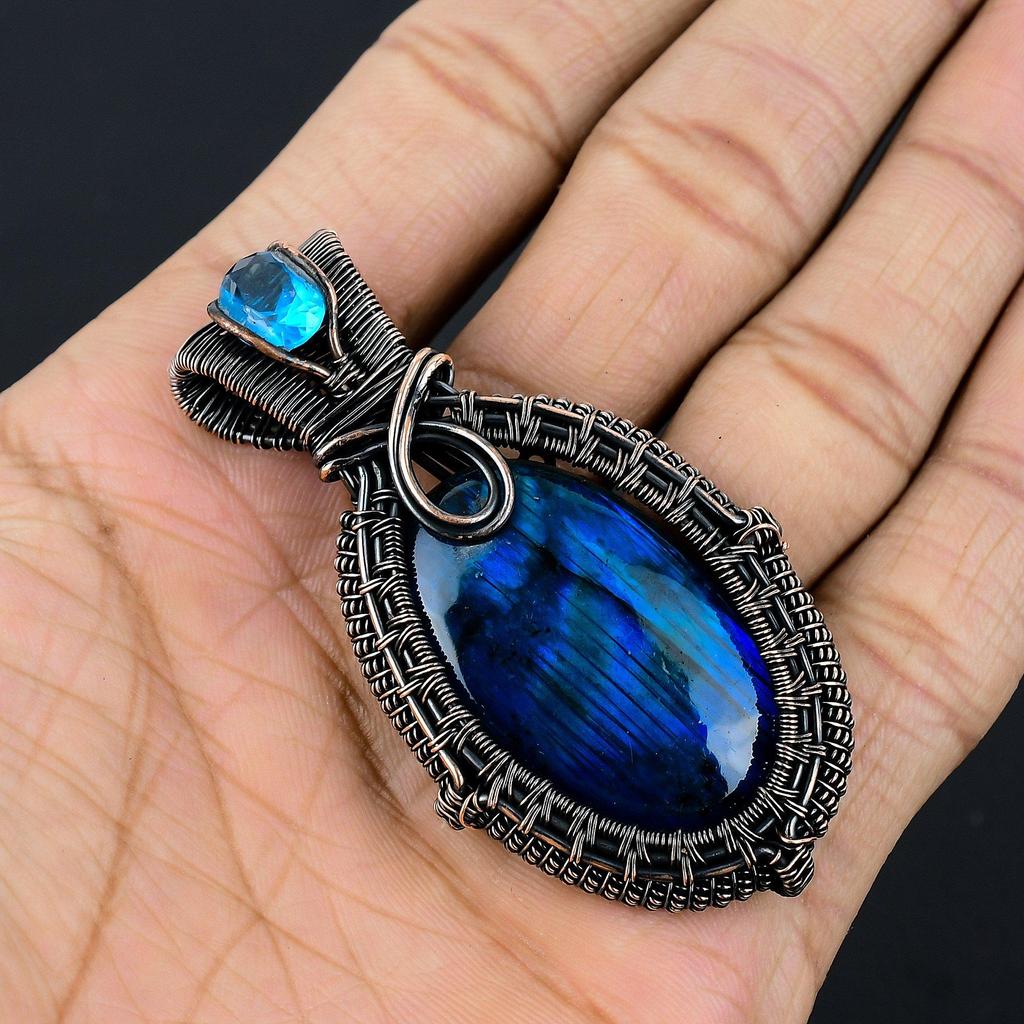 Blue Flash Labradorite Handmade Pendant, Natural Gemstone Jewelry, 999 Copper Wire Wrapped Pendant Jewelry, For Gift