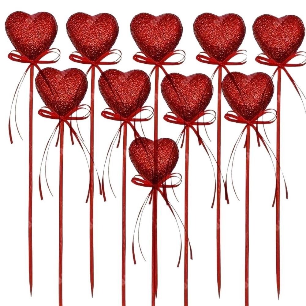 10pcs Reusable Glitter Hearts Stick Foam Flower Bouquet Red Heart Branch DIY Vase Pick Stick Wedding Accessory