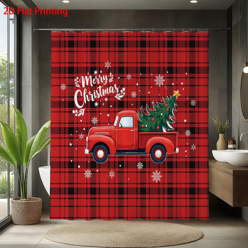 1Pc Red Checkered Truck Print Waterproof Shower Curtain Multiple Size Privacy Hanging Curtain And 12 Hooks For Easy Installation