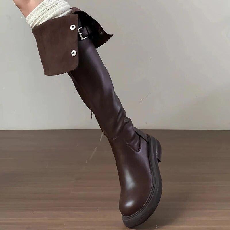 Botas por encima de la rodilla de invierno para mujer, botines largos elegantes de tacón bajo sin cordones a la moda, botines de caballero con hebilla de cinturón para mujer