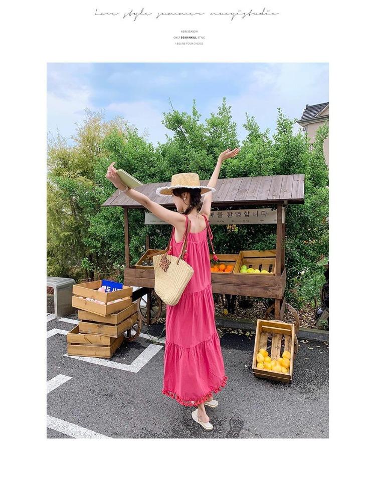 שמלת קיץ בהירה מידה גדולה לנשים אדום ורד גופיית פרינג' שמלת חוף