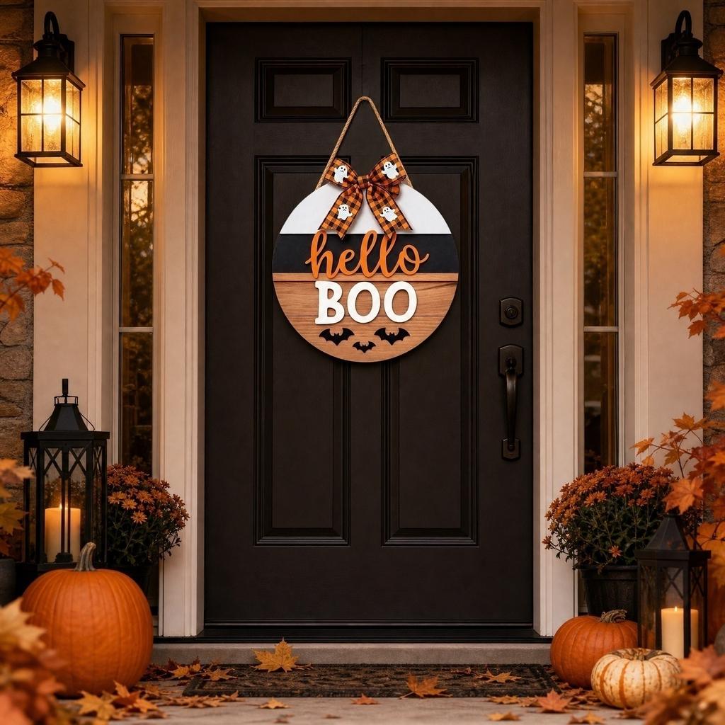 Wooden Round Halloween Door Sign Hanging Decoration Outdoor Porch Patio Party Seasonal Welcome Sign with Bow and Bat Cutouts