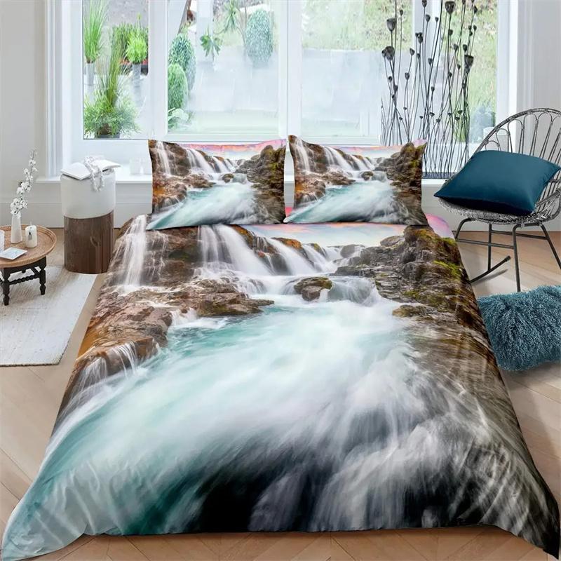 Waterfall Duvet Cover Set Natural Scenery Quilt Cover Pillowcase Landscape Forest Waterfall Queen Size Polyester Bedding Set