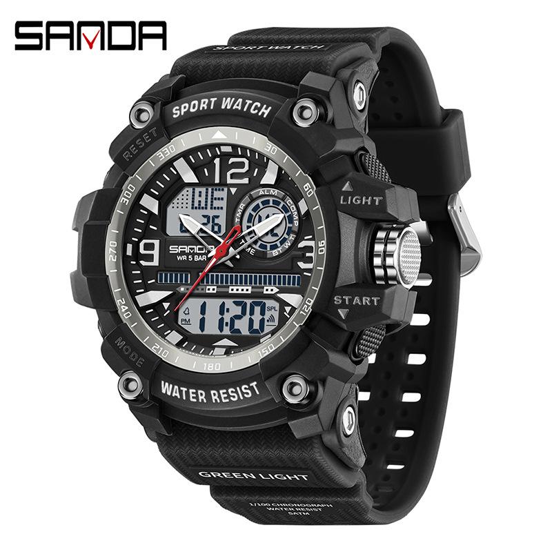 SANDA Youth Waterproof Sports Watch - Cool Trendy Multi-functional Dual Display in Black Technology Design