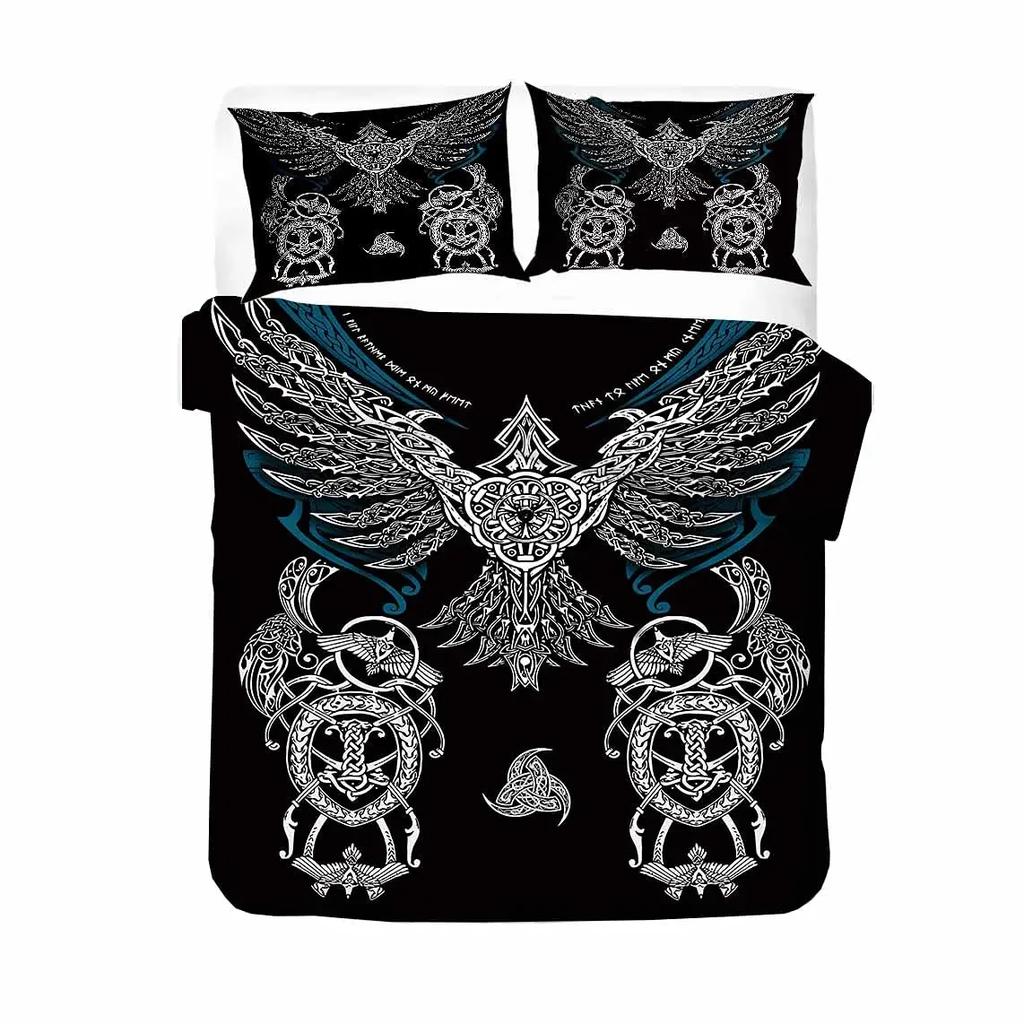 Wikinger Vintage King Queen Bettbezug Nordischer Mythos Bettwäsche Set Mittelalter Folklore Totem Quiltbezug Grau Polyester Bettbezug
