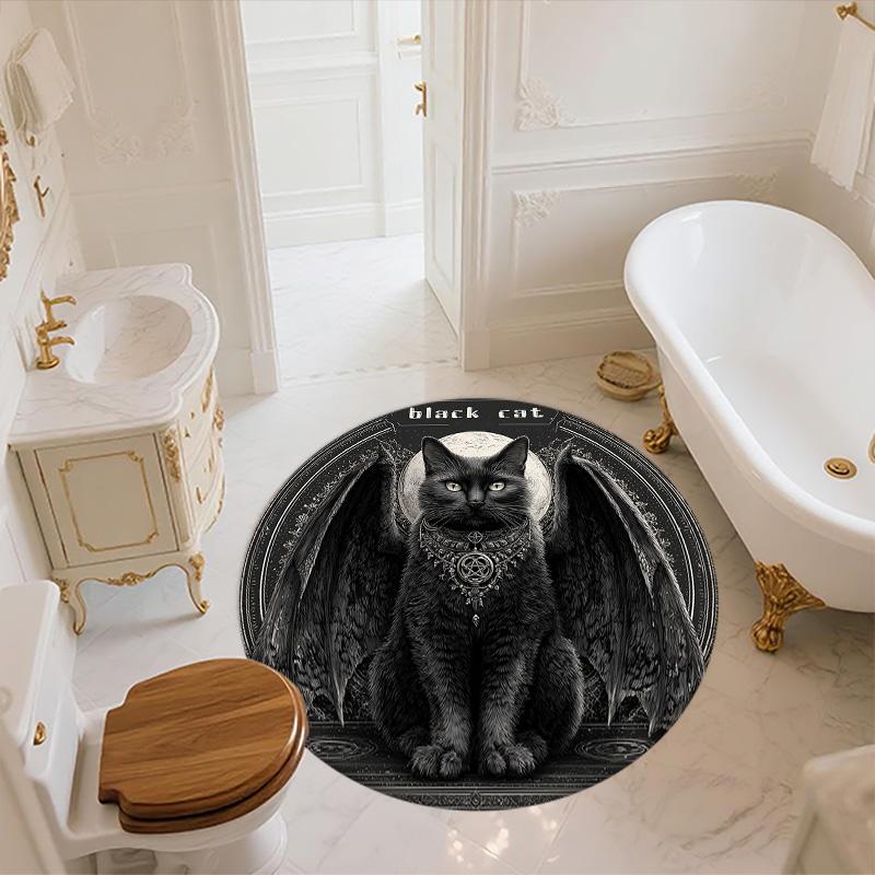 Winged Black Cat,Round Area Rug,Carpet Rug for Living Room Bedroom Sofa Playroom Decor,Non-slip Floor Mat