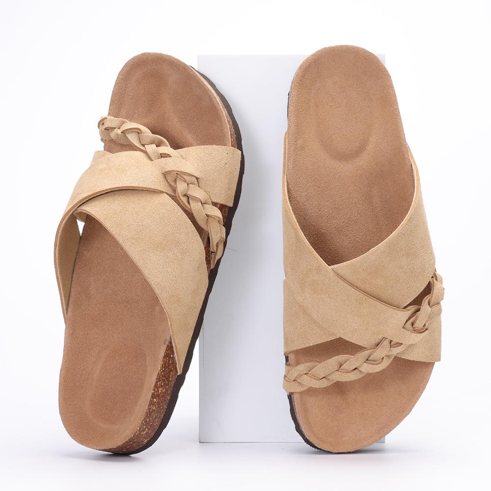 Fashion Smile New Women's Slides Soft Cork Footbed Sandals Comfortable Walking Slip-on Flat Sandals Arch Support Braided Straps Slippers