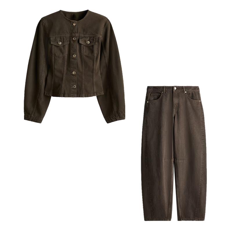 

Уличный однотонный джинсовый женский брючный костюм Y2k с круглым вырезом, однобортный, облегающий пиджак, брюки на молнии с карманами, весна-осень 2025 г., женский комплект L коричневый