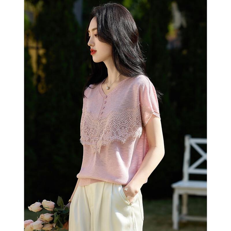 Demana French Lace V-Neck Slub Knit Top
