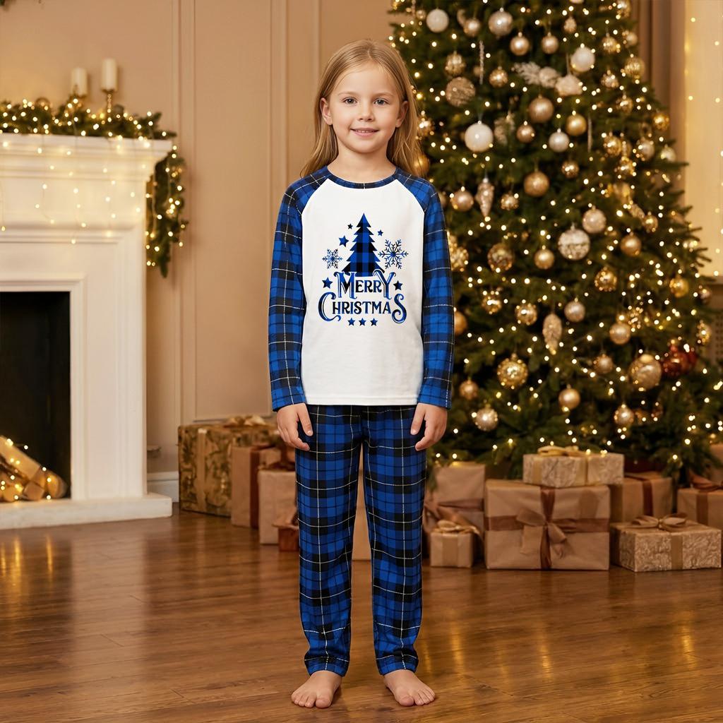 Christmas Print Neck Long Sleeve Long Pants Matching Family Pajama Set for Adults and Kids