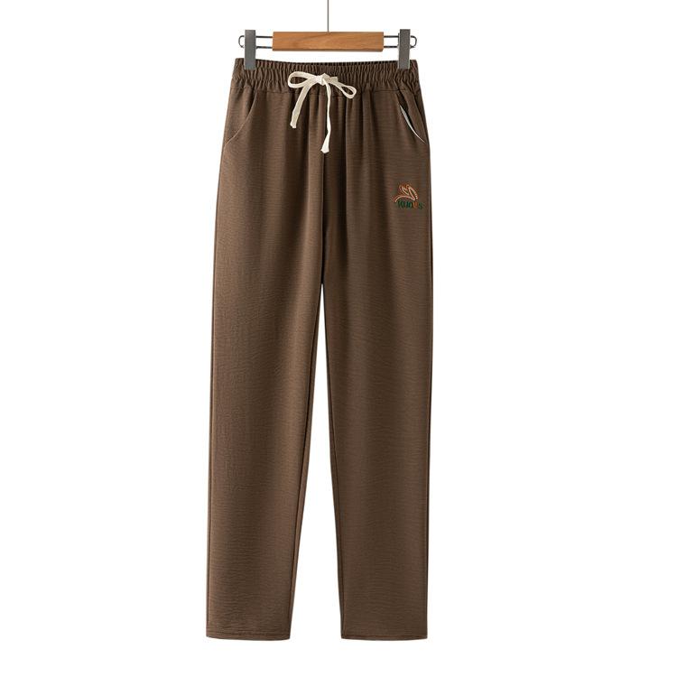 2025 New High-waisted Drawstring Women's Pants, Embroidered Ice Silk Casual Pants, Loose Straight-leg Pants