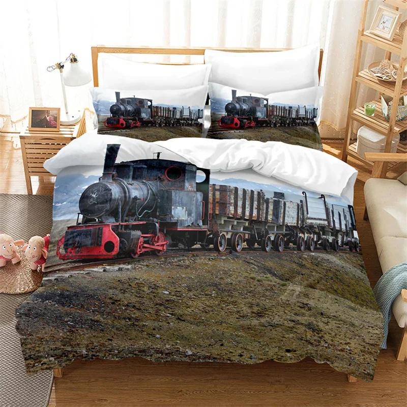 Comforter Steam Engine King Queen Microfiber Vintage Locomotive In Countryside Scenery Green Grass Train Pattern Bedding Set