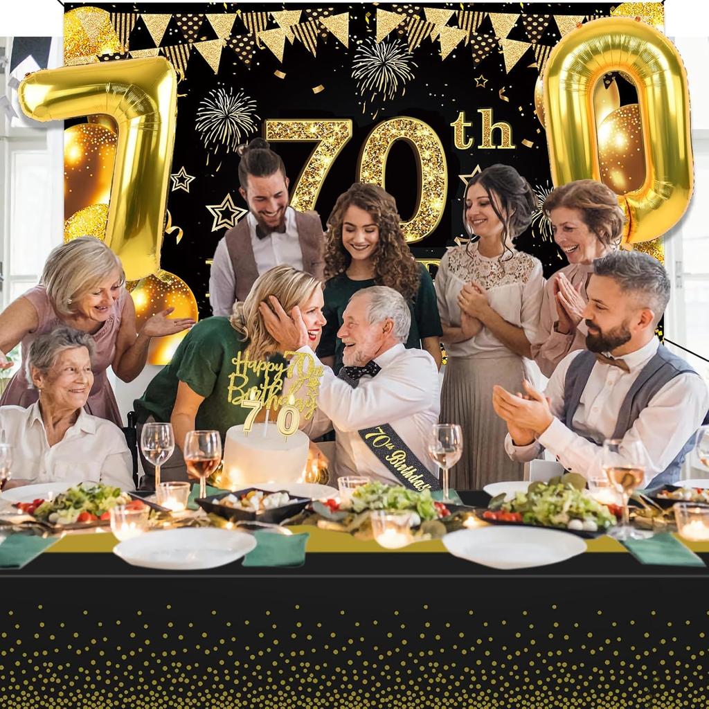 70th Birthday Decorations Men Women with 70th Birthday Banner, Black and Gold Table Cloth,Number Balloons, Large Sash, Cake Topper and Candles