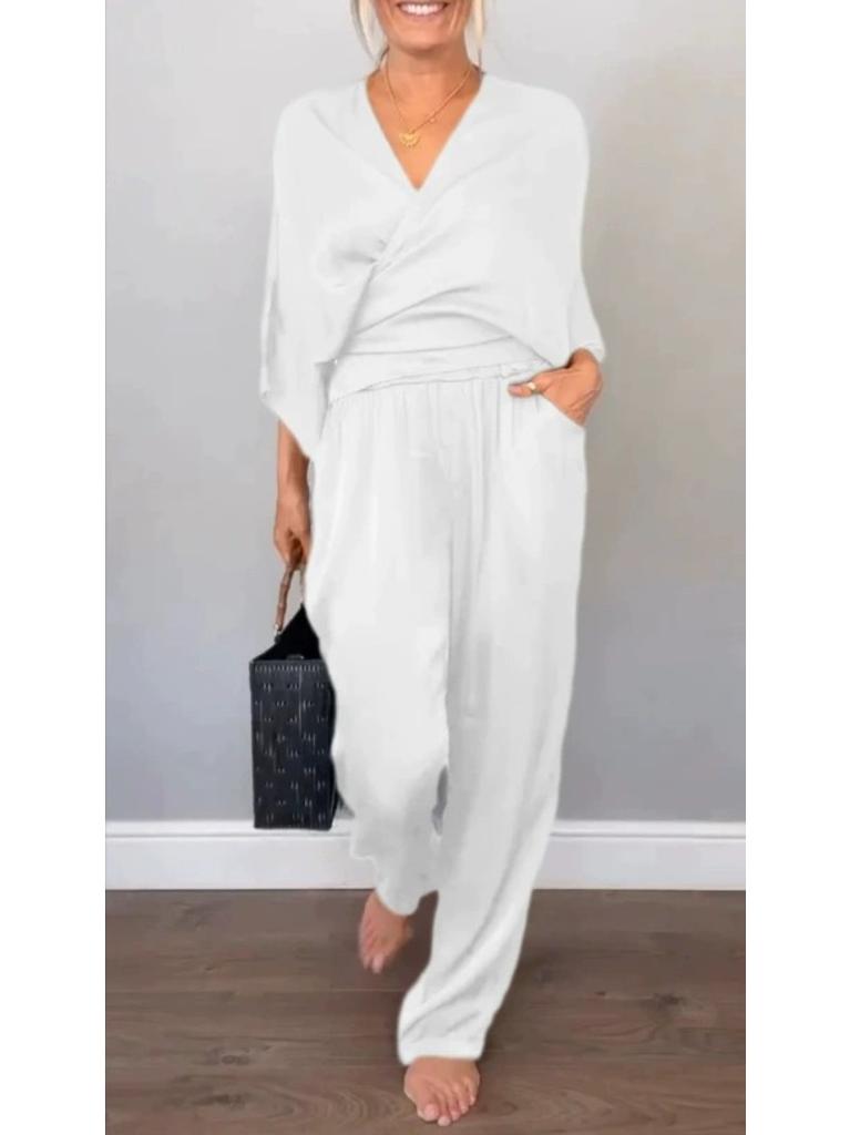 Fall Solid-Color Satin Short-Sleeve Women's Fashion Top and Pants Set