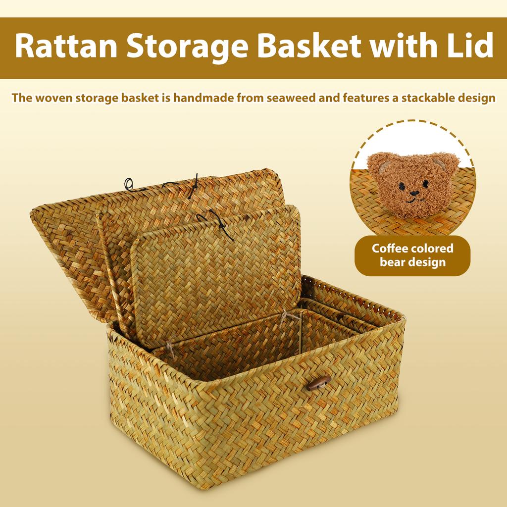 3Pcs Natural Storage Basket with Lid Stackable Large Seagrass Basket Organizer Bins For Home Kitchen Grocery Storage Container