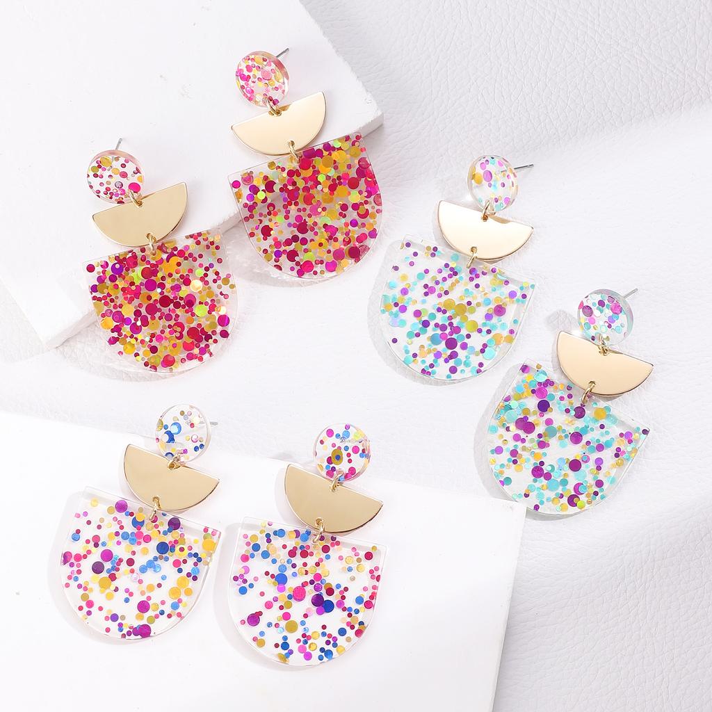 New Acrylic Color Shiny Stud Earrings Retro Color Matching Square Round Earrings Geometric Circle Sequin Earrings