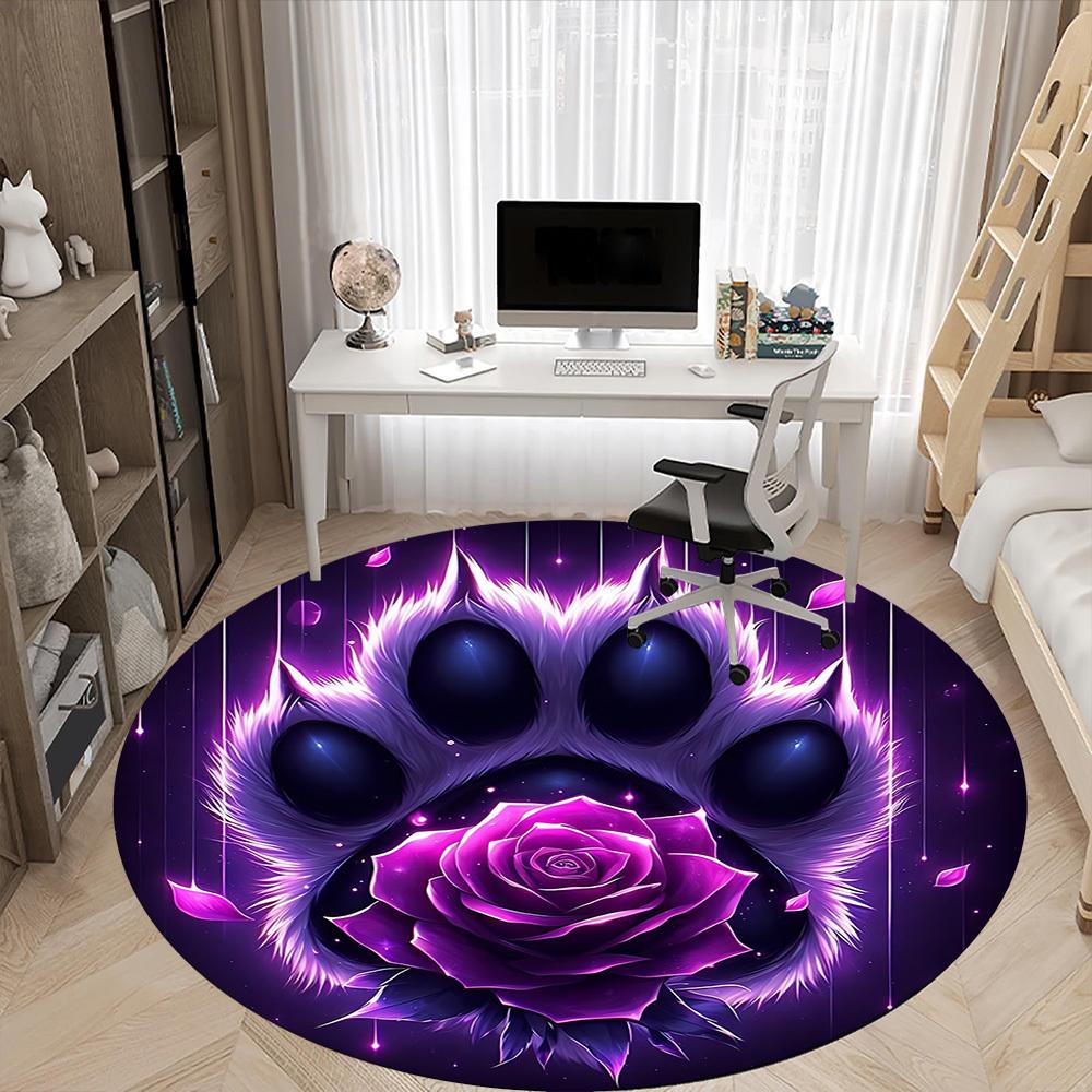 1pc PawPrint Rose Office Round Area Rug, Indoor Mat Suitable ForOffice, Under Office Chairs Bedroom Living Room Home Decor T186