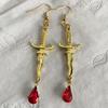 Personality Goth Sliver Color Knife Blood Sword Red Blood Drops Crystal Dangle Earrings for Women Men Hallowmas Jewelry Gifts