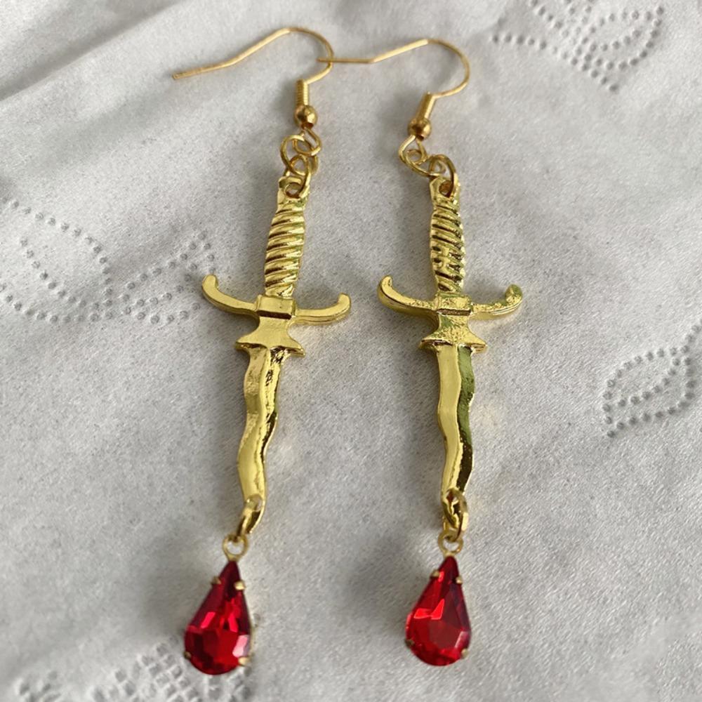 Personality Goth Sliver Color Knife Blood Sword Red Blood Drops Crystal Dangle Earrings for Women Men Hallowmas Jewelry Gifts