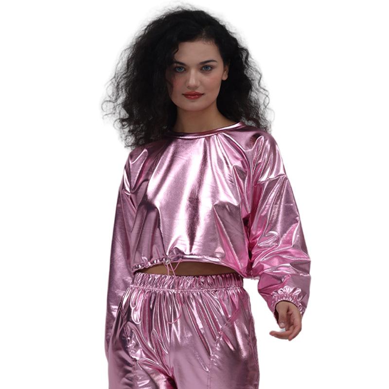 

Женские блестящие металлические толстовки с длинным рукавом, укороченный топ, повседневный пуловер, рубашки в стиле хип-хоп для ночного клуба, танцевальная одежда L розовый