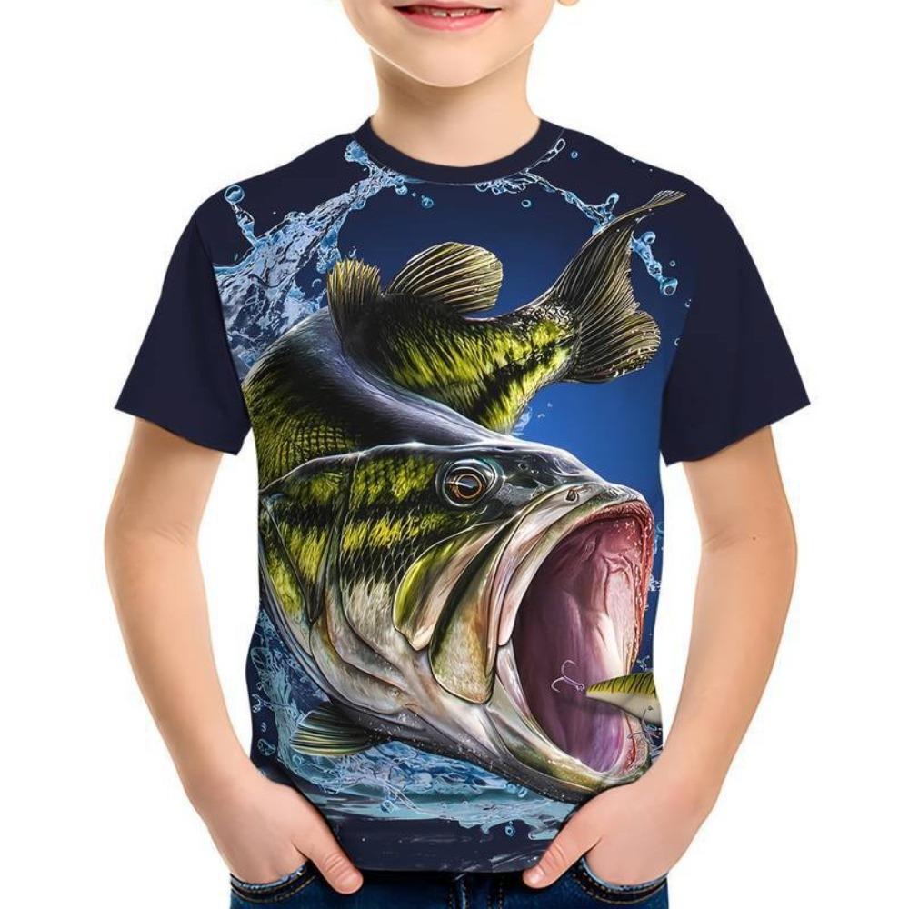 Boys' short-sleeved T-shirt with a round neck and a 3D summer fish print