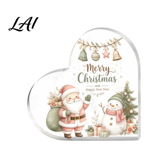 Romantic Christmas Gifts Heart Shaped Acrylic Tabletop Sign 2D Winter Snow Scene Desktop Ornament Home Party Supplies with Santa Snowman &