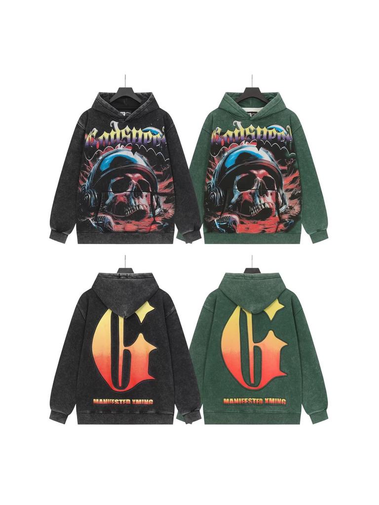 God Bless America Retro Rock Street Print Washed Hoodie - Casual Loose Fit