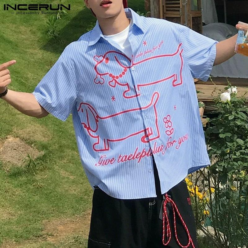 INCERUN Men Oversized Short Sleeve Shirts Casual Loose Stiped Print Tops