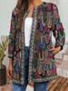 Women's Crew Neck Long Sleeve Cardigan Oversized Vintage Ethnic Print Plus Size Open Front Jacket Casual Outerwear