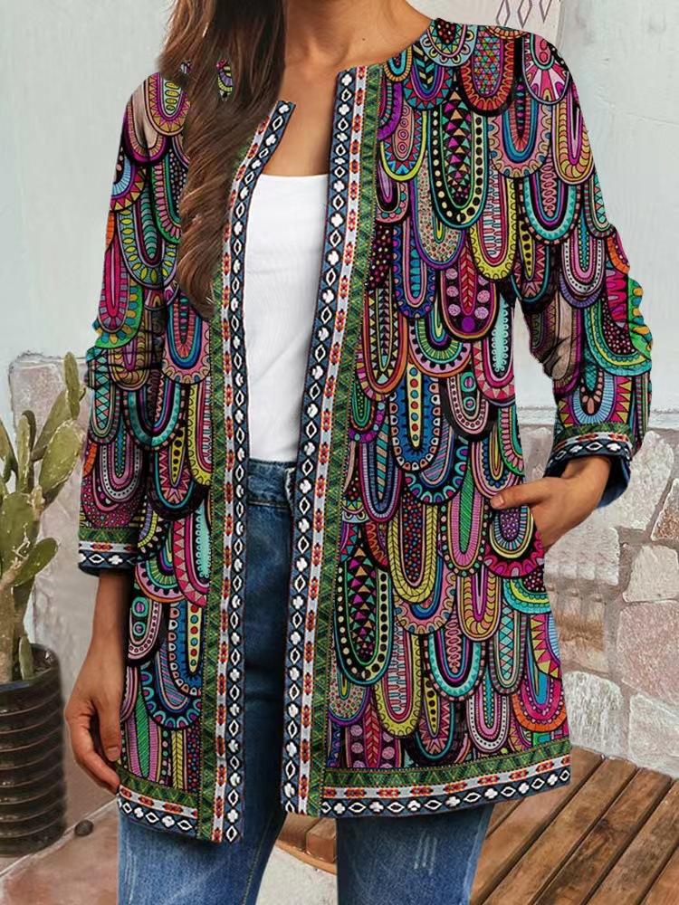 Women's Crew Neck Long Sleeve Cardigan Oversized Vintage Ethnic Print Plus Size Open Front Jacket Casual Outerwear