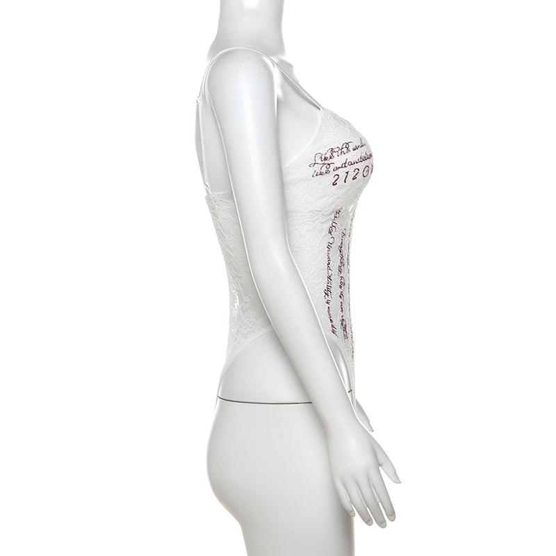 2024 Autumn Women's Urban Chic Solid Lace Bodysuit with Text Accents