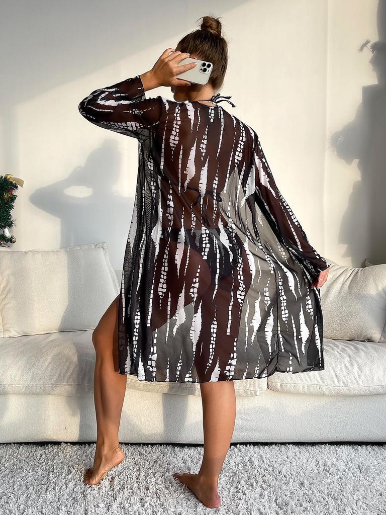 Dreiteiliges Bikini-Set im europäischen und amerikanischen Stil 2024 mit langärmeligem Sonnenschutz aus Mesh für Urlaub und heiße Quellen.