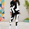 Women Plus Size Black White Printed Round Neck Long Sleeve Top And Fitted Pants Two Piece Set