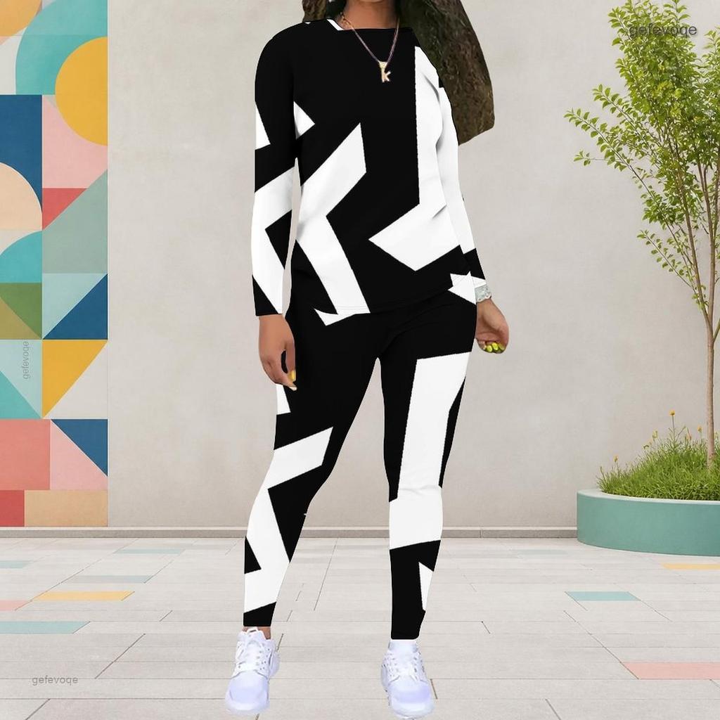 Women Plus Size Black White Printed Round Neck Long Sleeve Top And Fitted Pants Two Piece Set