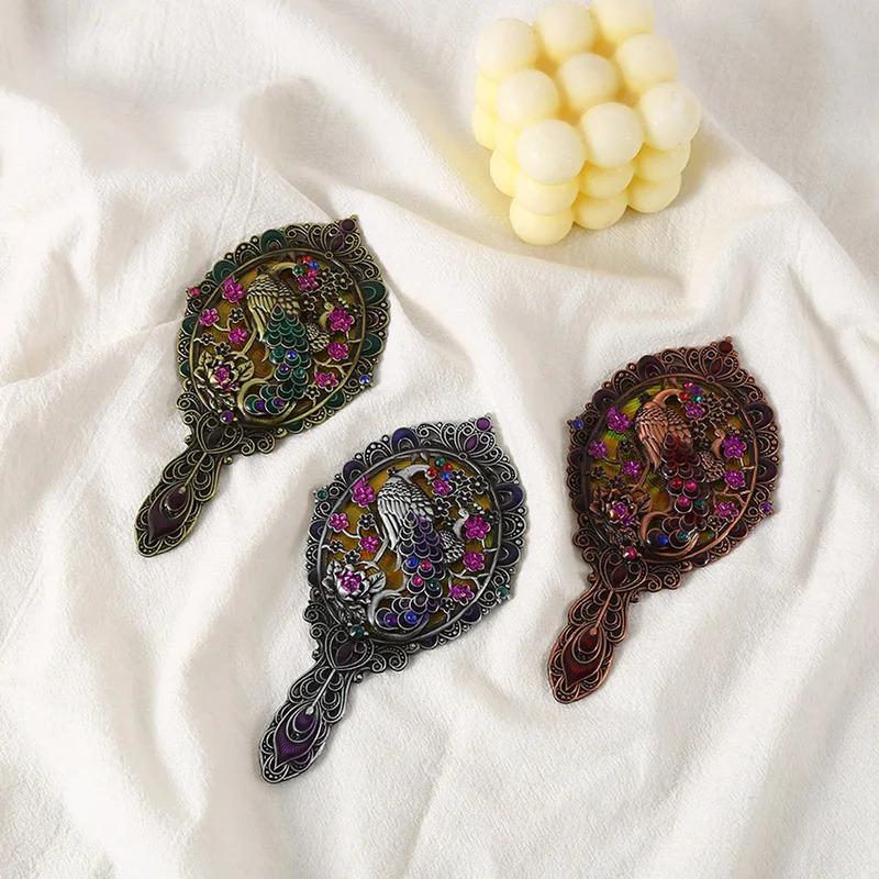 Peacock Design Vanity Mirror and Comb (2Pcs/Set) - Round Shape Embossed Metal Handheld Style