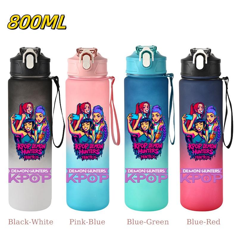 800ML KPop Demon Hunters Gradient Cartoon Print Large Capacity Straw Water Cup Outdoor Portable Sports Drink Bottles Travel Mug
