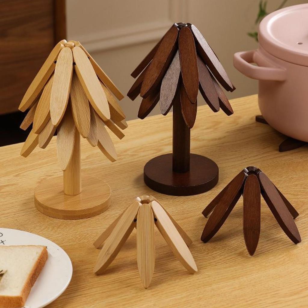 Wooden Trivet Tree Foldable Insulation Tripod Christmas Tree Pot Holder for Hot Dishes Bowls Cups Drinks Teapots Tableware