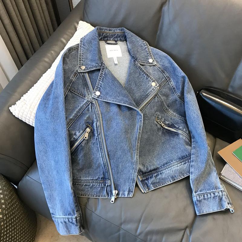 Wiosna Jesień Kobiety Casual Denim Kurtka Damska Moto Biker Płaszcz Vintage Lapel Kurtka Z Zamkiem Błyskawicznym
