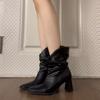 Short Boots Women'S French Minimalist Style Apricot Square Head Small Height-Increasing Stacking Boots