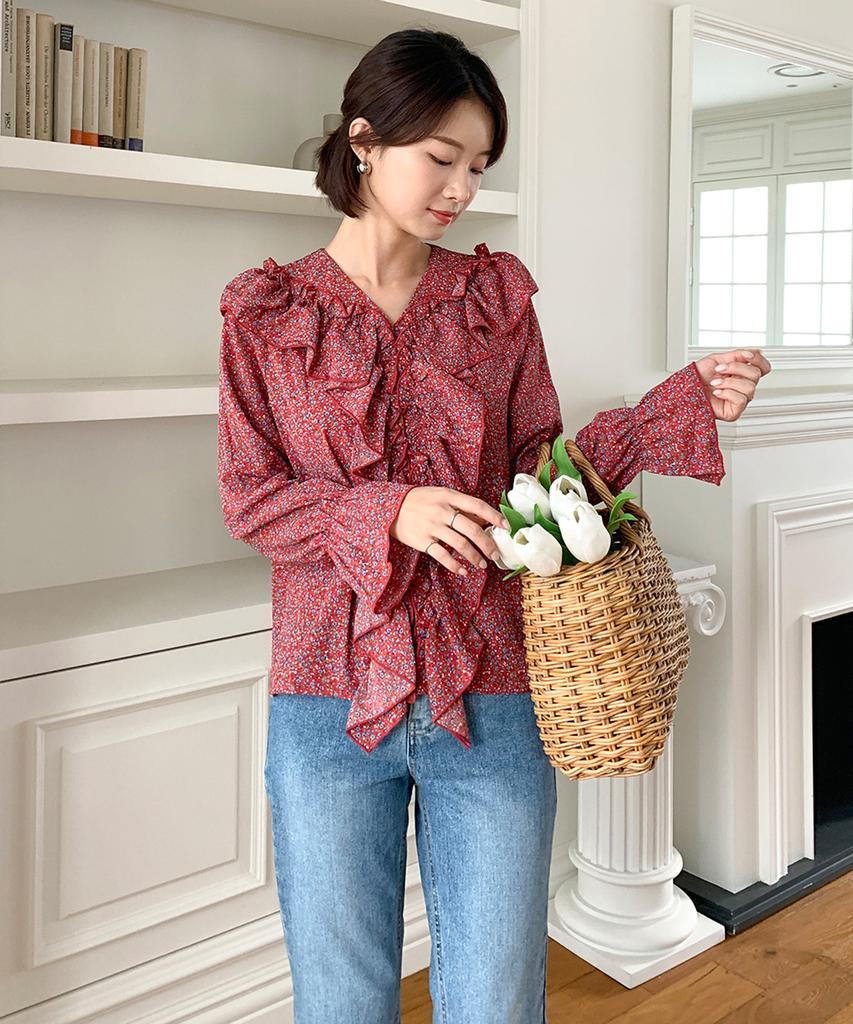 Ppaeppae V-Neck Frill Flower Blouse