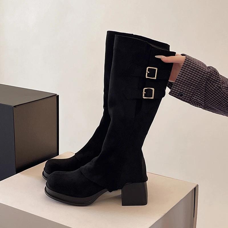 Knee-high round toe over the knee boots for women; new autumn and winter retro thick high heels thick sole high boots