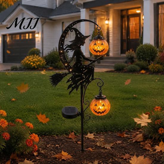 Illuminated Halloween Path Lights Solar Powered Witch Pumpkin Ground Stake Light, Metal Broom Moon Heavy Duty Iron Signs Statue Outdoor Yard Sculpture