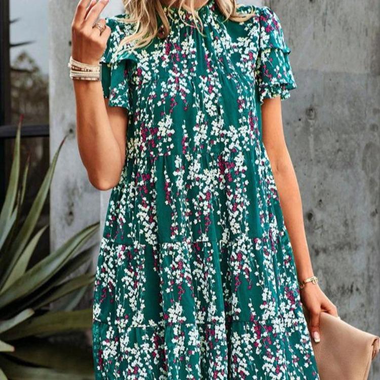 Bohemian One Piece Casual Dress Women Floral Printed Loose Chiffon Short Sleeve Above Knee