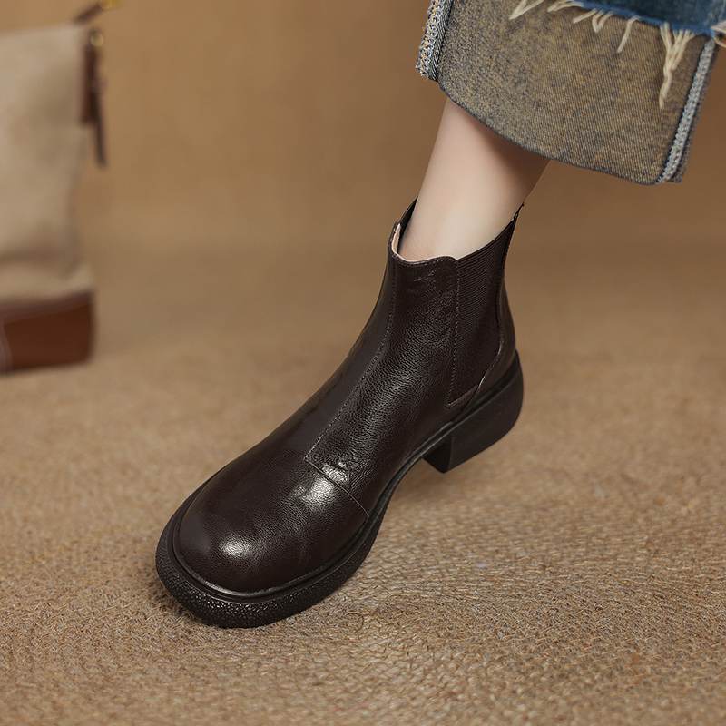 Krazing Pot Sheepskin Pleated Decoration Autumn Winter Shoes Chunky Heels Size 43 Size 42 Round Toe Slip on Retro Fashion Ankle Boots