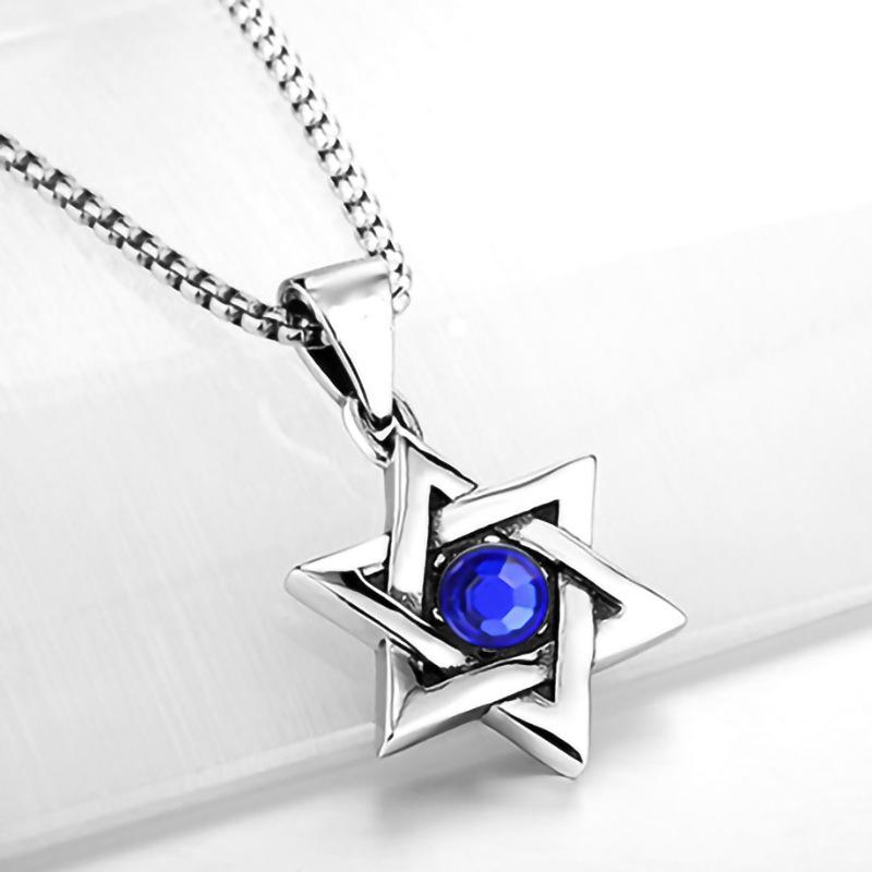 Accessories Personalized Retro Hexagram Blue Diamond Red Diamond Men'S Titanium Steel Stainless Steel Pendant Necklace