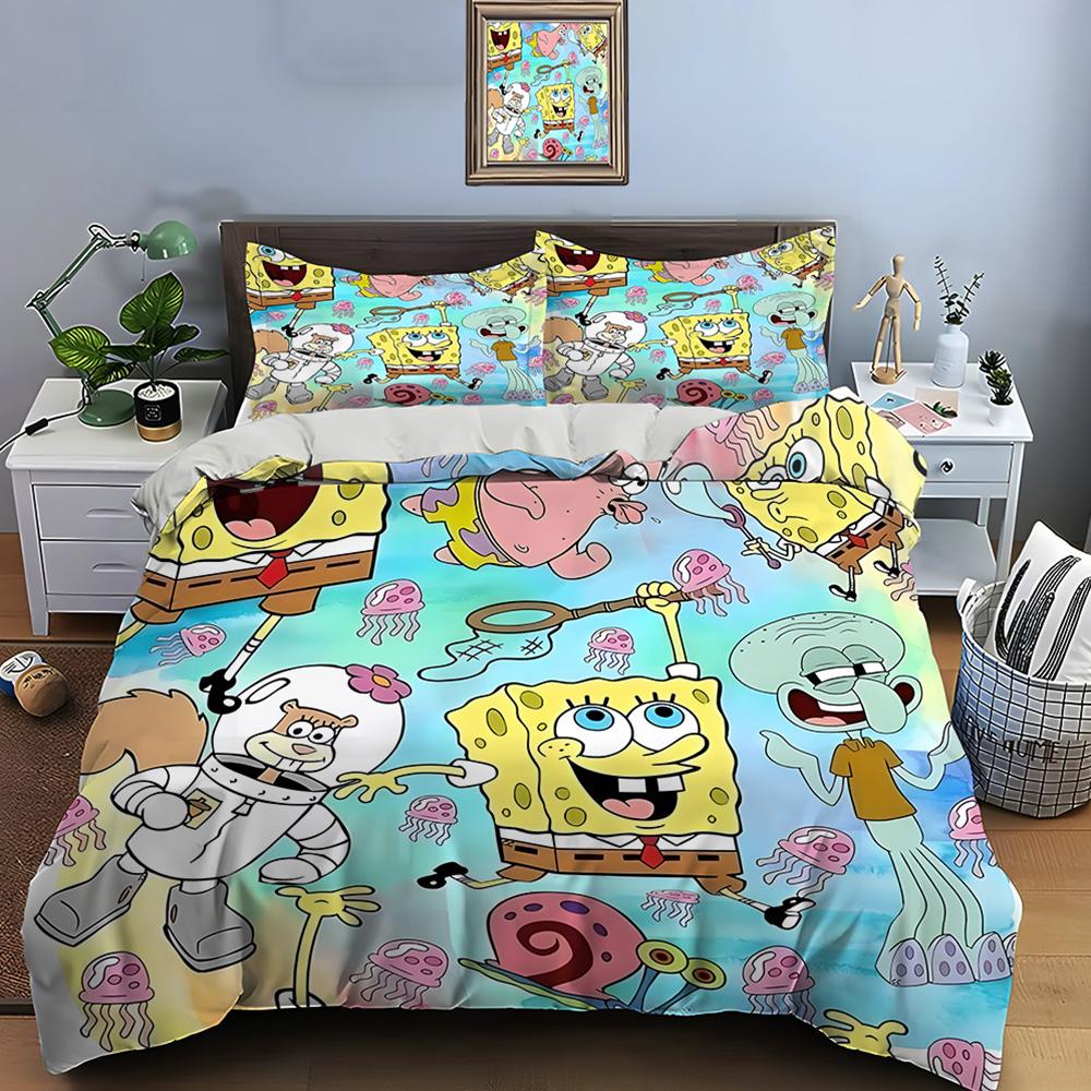Multiple Sizes Spongebob Cartoon Print Bedding Set 1 Duvet Cover 2 Pillowcases Adult And Kids Bedding Set Luxury Gifts
