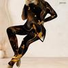 Women Plus Size Two Piece Pants Set Round Neck Long Sleeve Nebula Printed Longline Top And Fitted Pants
