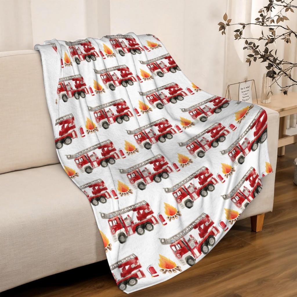 Cartoon Fire Engine Printed Blanket for Sofa Bed Travel Camping Living Room Office Conditioning Blanket for All Seasons Gifts