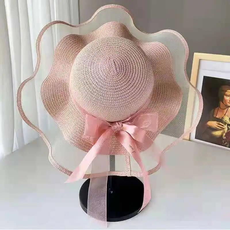 Cappello da spiaggia Donna Protezione solare estiva Cappello a rete con fiocco Cappello da sole a tesa larga Cappello da sole per vacanze al mare