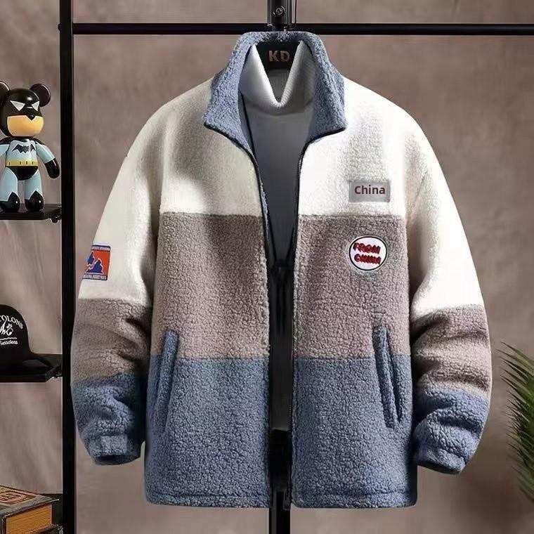 Pánská zimní bunda z jehněčí kůže: Trendy v korejském stylu, ležérní a volného střihu s tlustým polárním fleecem plus samet.